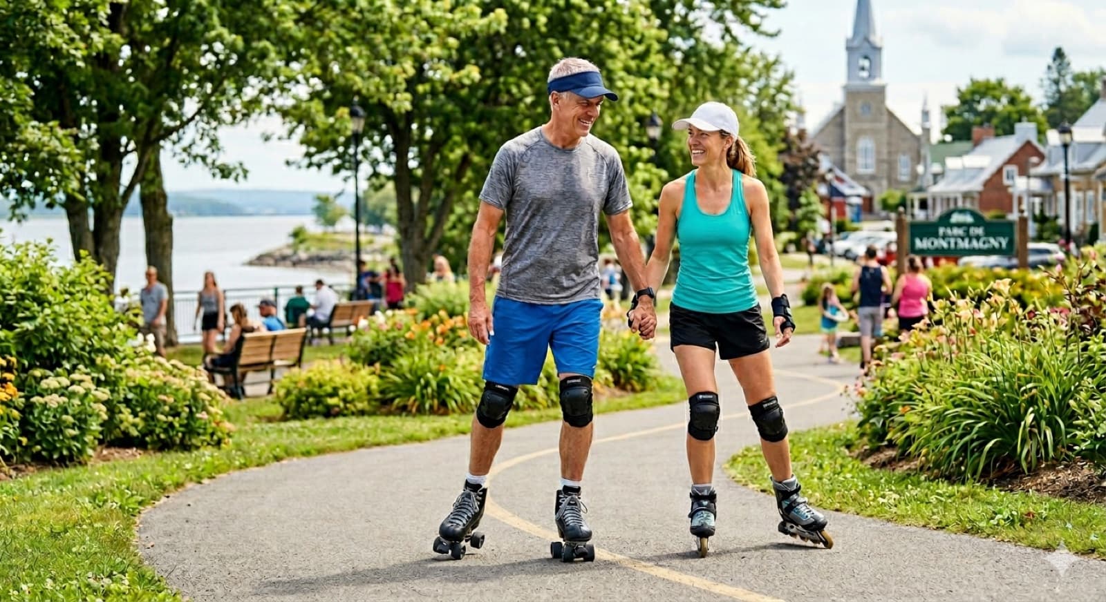Un couple de retraités actifs fait du patin à roues alignées main dans la main dans un parc québécois, l'église du village en arrière-plan.