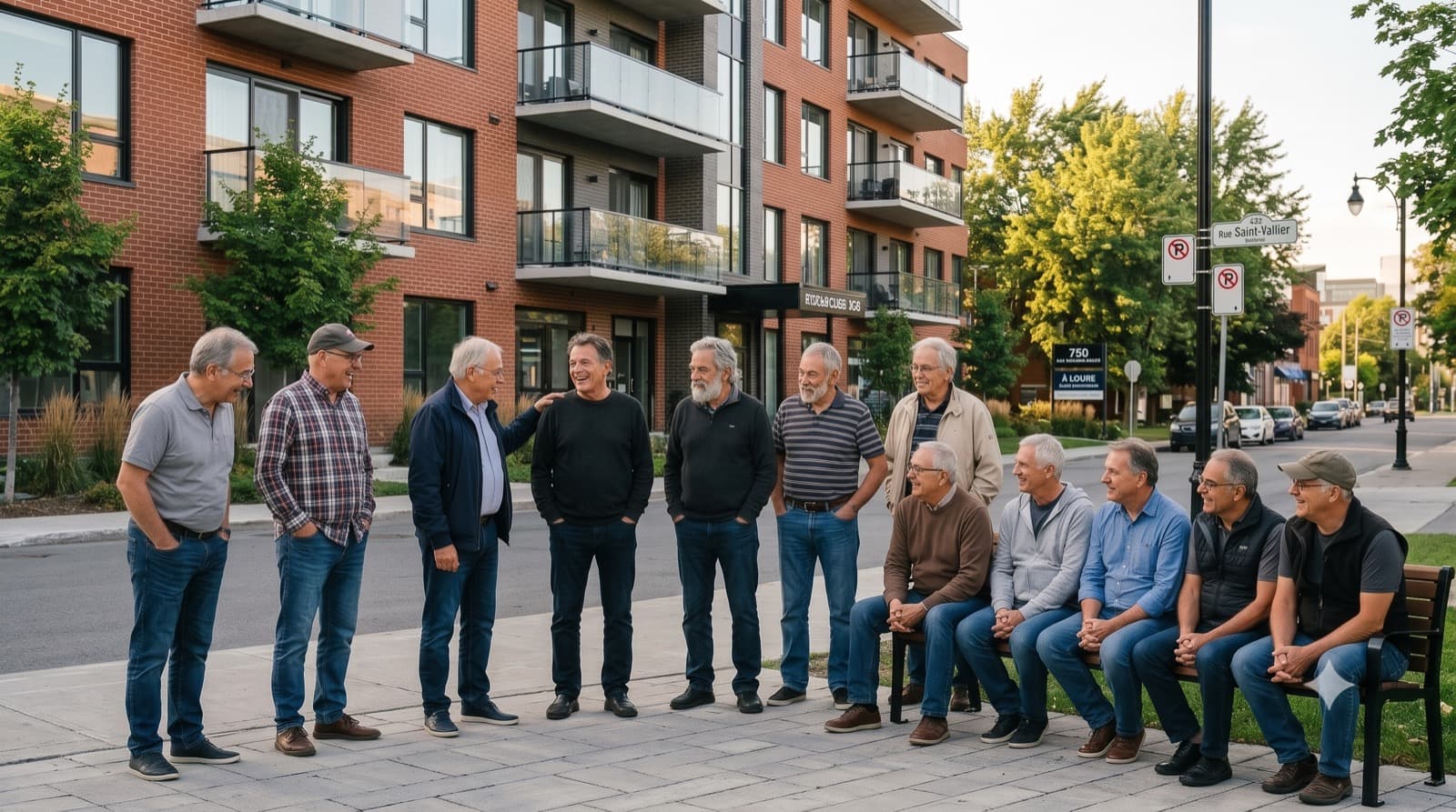 Un groupe d'hommes plus âgés discutant dans une rue résidentielle du Québec au crépuscule.