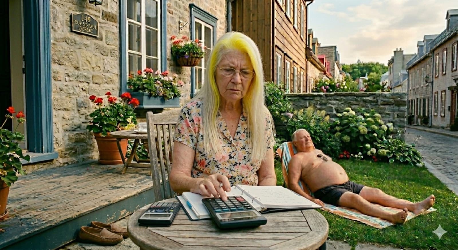 Retired woman doing calculations with a calculator outside her home in a Quebec neighbourhood.