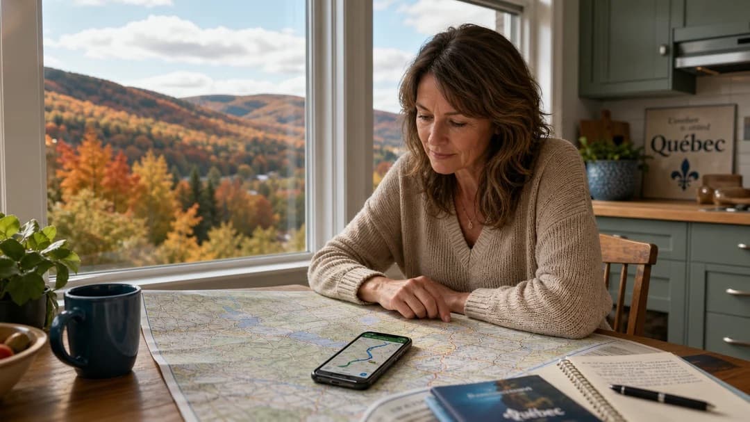 A retired woman at her kitchen table in Quebec, with a paper map spread out and a phone on top of it showing a GPS route, and autumn hills beyond the window.