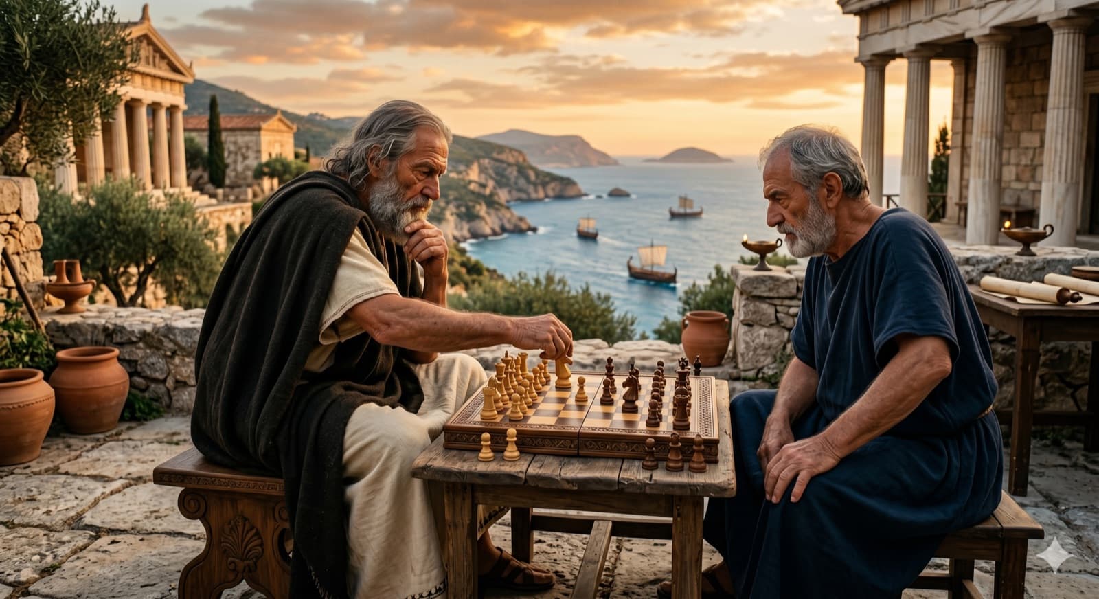 Deux hommes âgés jouent aux échecs au coucher du soleil sur une terrasse en pierre face à la mer, avec des temples grecs antiques en arrière-plan.