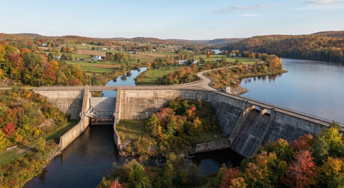 Aerial view of a concrete dam on a Quebec river, with the full reservoir on one side and, on the other, a calm river flowing down toward a valley of farms and autumn trees.