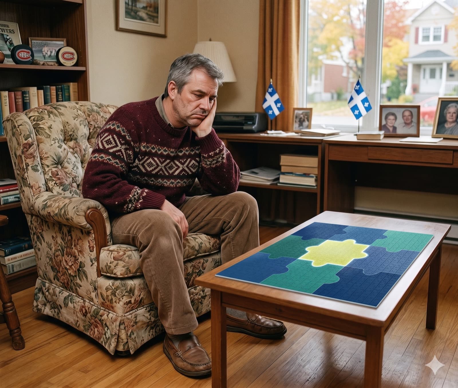 Pensive middle-aged man beside an unfinished puzzle on a coffee table, evoking the empty hours that follow an early retirement.