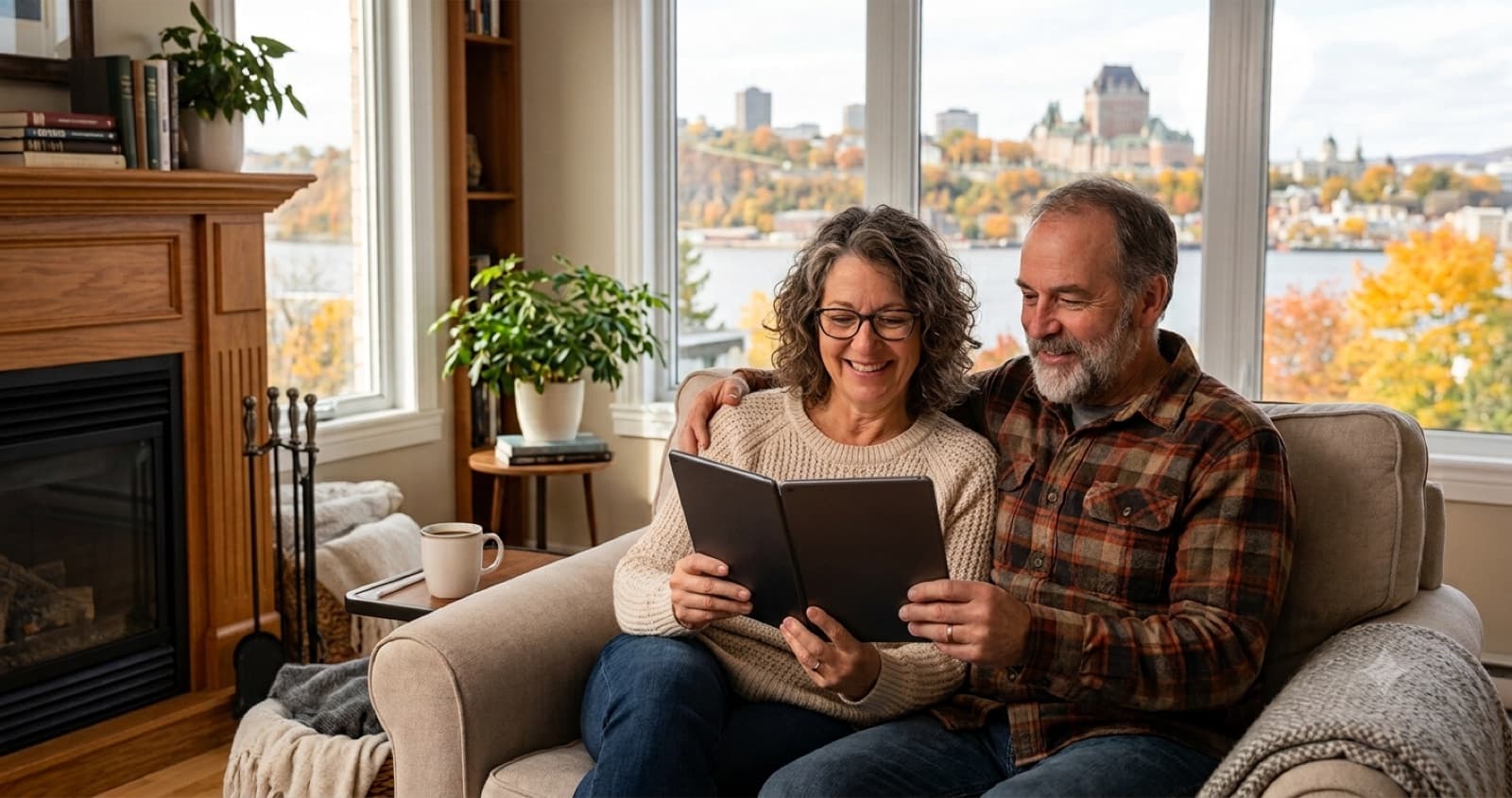 Un couple d'âge mûr près du foyer consultant leur plan de retraite sur une tablette, avec une vue sur la ville de Québec.