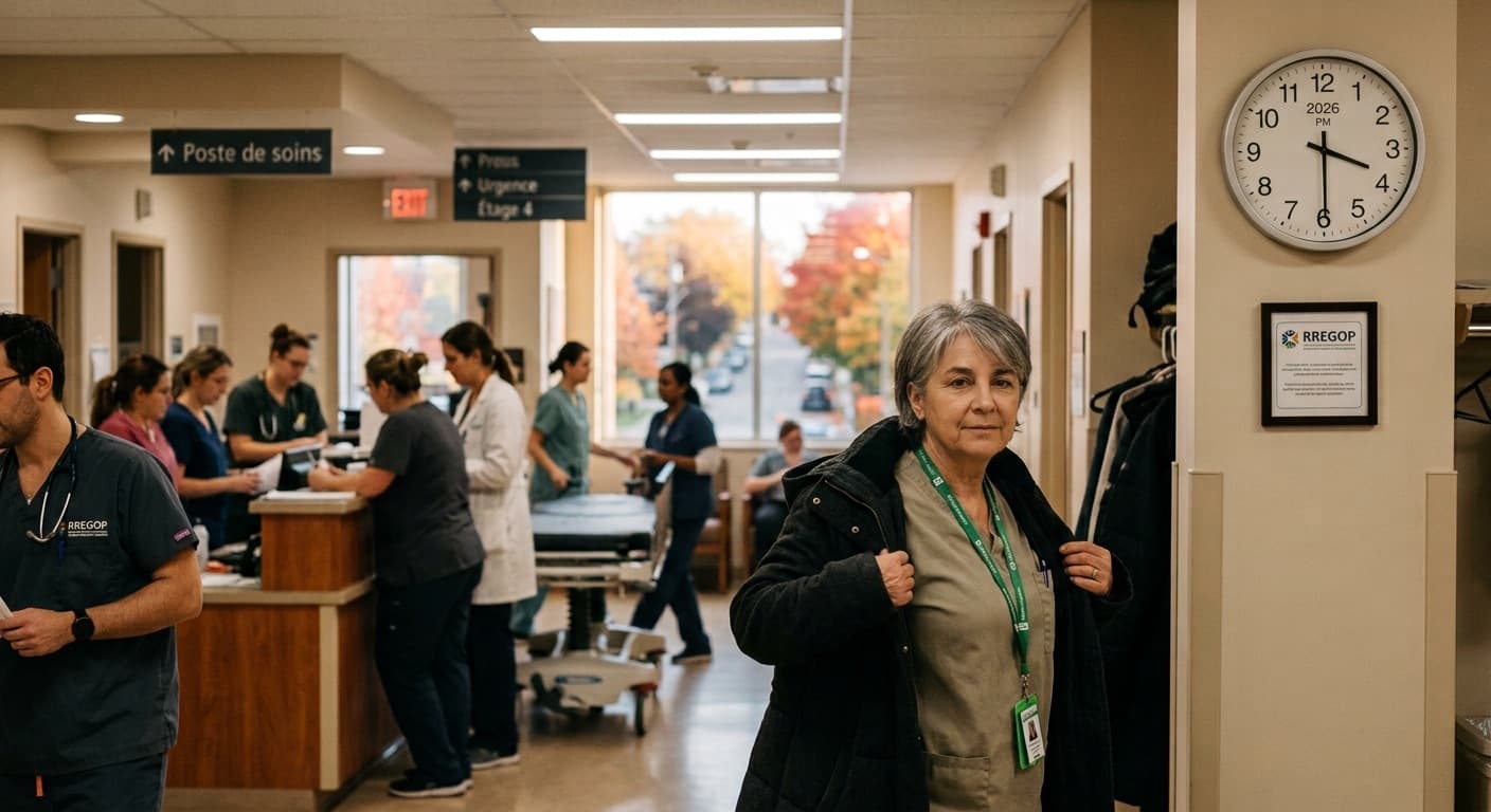 Une infirmière dans la soixantaine enfile son manteau en milieu d'après-midi dans un hôpital du Québec, près d'une horloge murale, pendant que le reste de l'équipe continue de travailler.