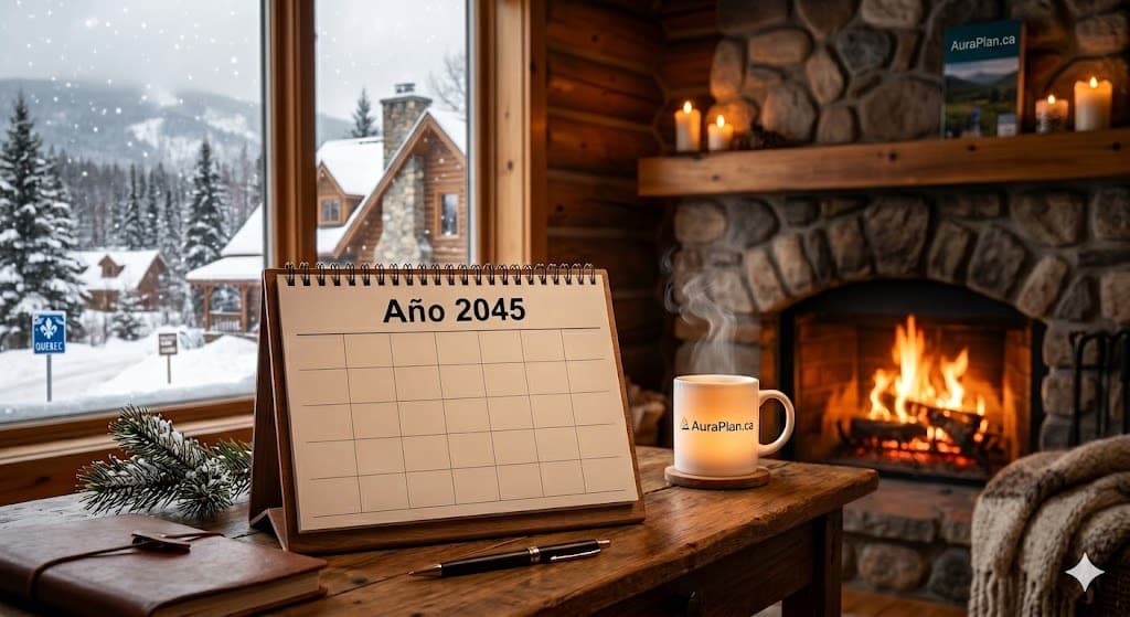 Une tasse fumante portant le logo d'AuraPlan.ca près d'un foyer allumé dans un chalet en bois, avec un calendrier affichant « Année 2045 » et une fenêtre donnant sur un paysage québécois enneigé.
