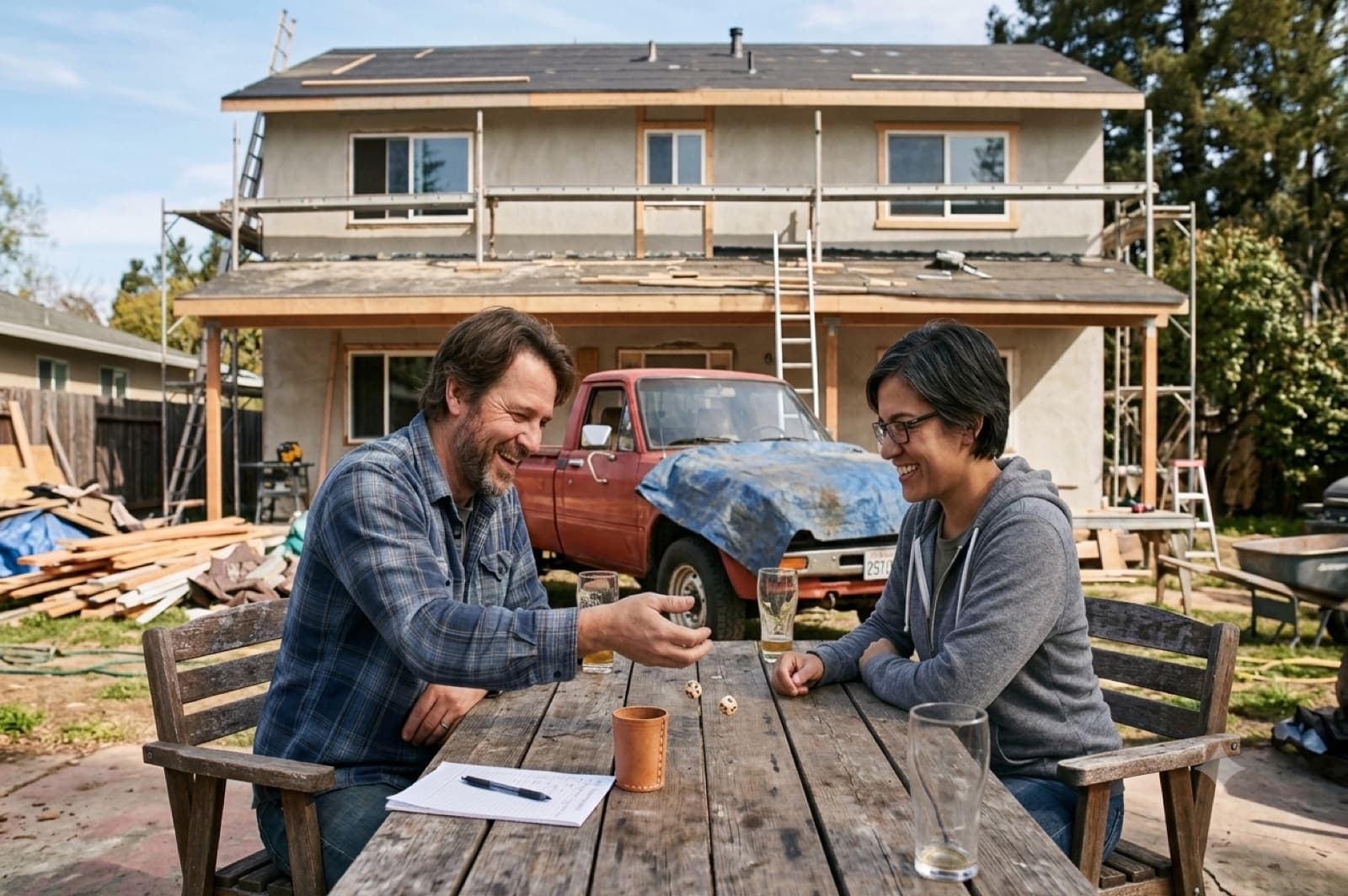 Un frère et une sœur jouant aux dés devant une maison en rénovation