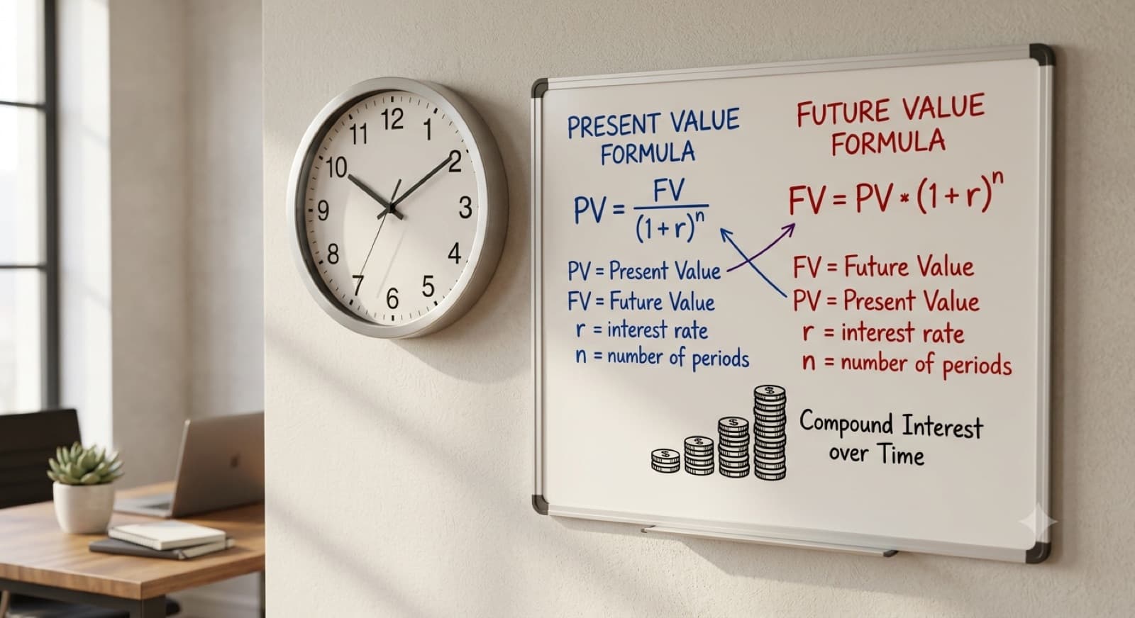 A wall clock beside an office whiteboard showing the present-value and future-value formulas, with stacks of coins labelled "Compound Interest over Time".