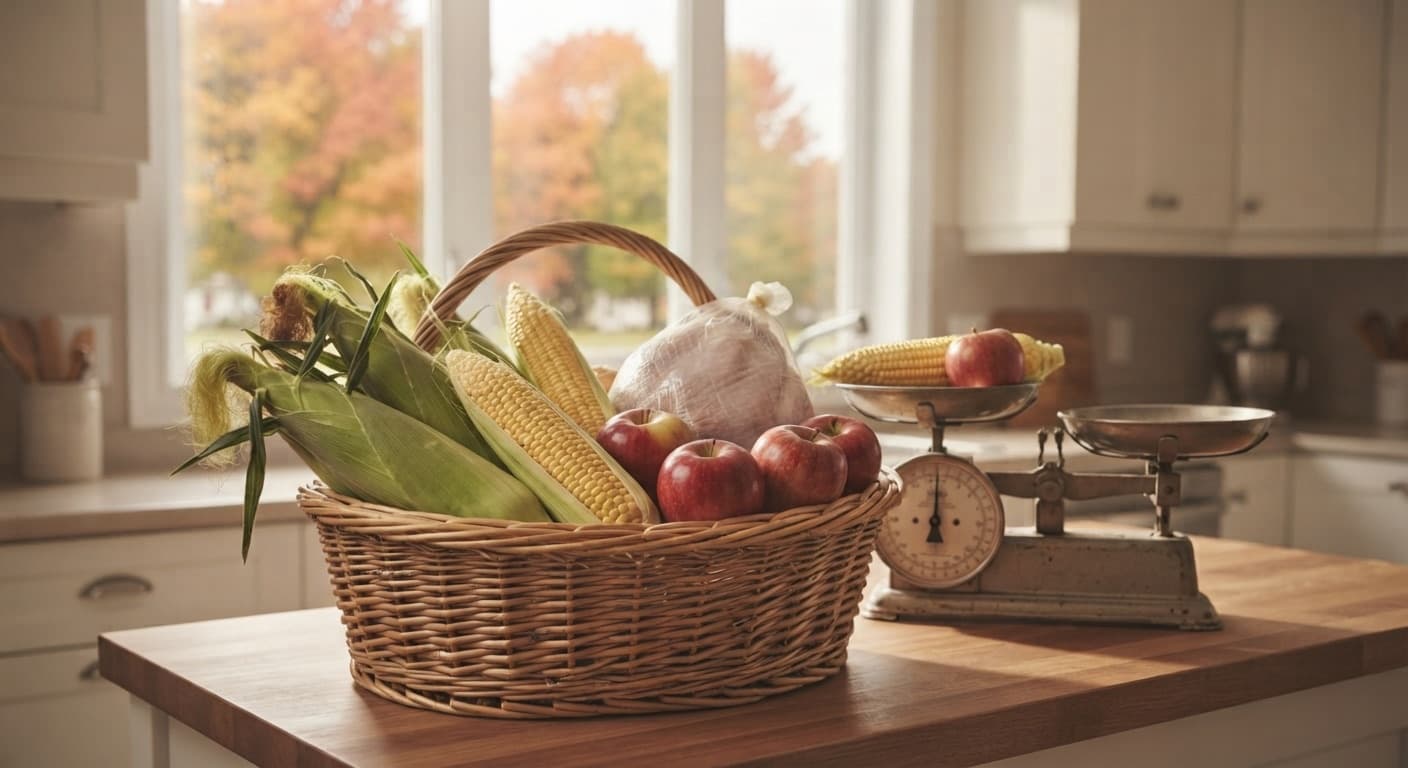 A wicker basket in a Quebec kitchen holding ears of corn, some still in their husks and some shucked, apples and a frozen turkey, beside a kitchen scale.