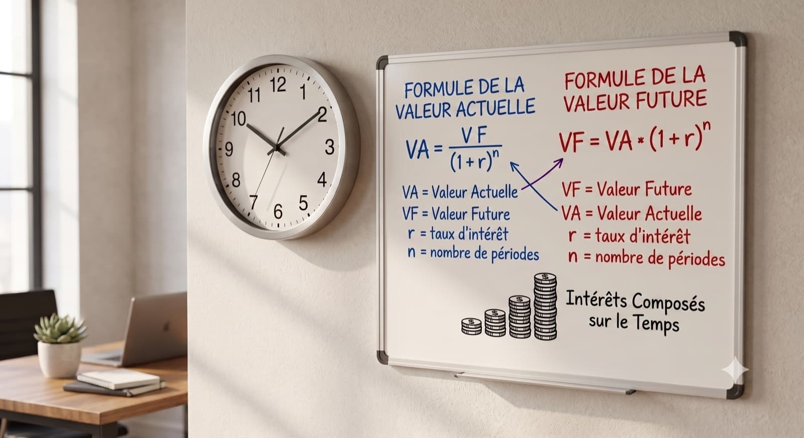 Une horloge murale à côté d'un tableau blanc de bureau montrant les formules de la valeur actuelle et de la valeur future, avec des piles de pièces intitulées « Intérêts composés sur le temps ».