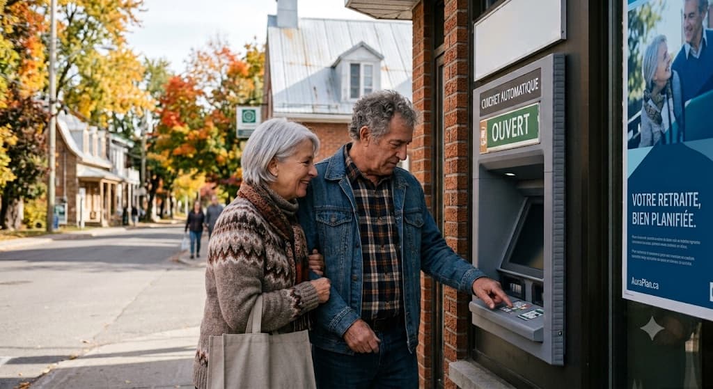 Un couple retraité retire de l'argent à un guichet automatique dans une rue du Québec en automne.