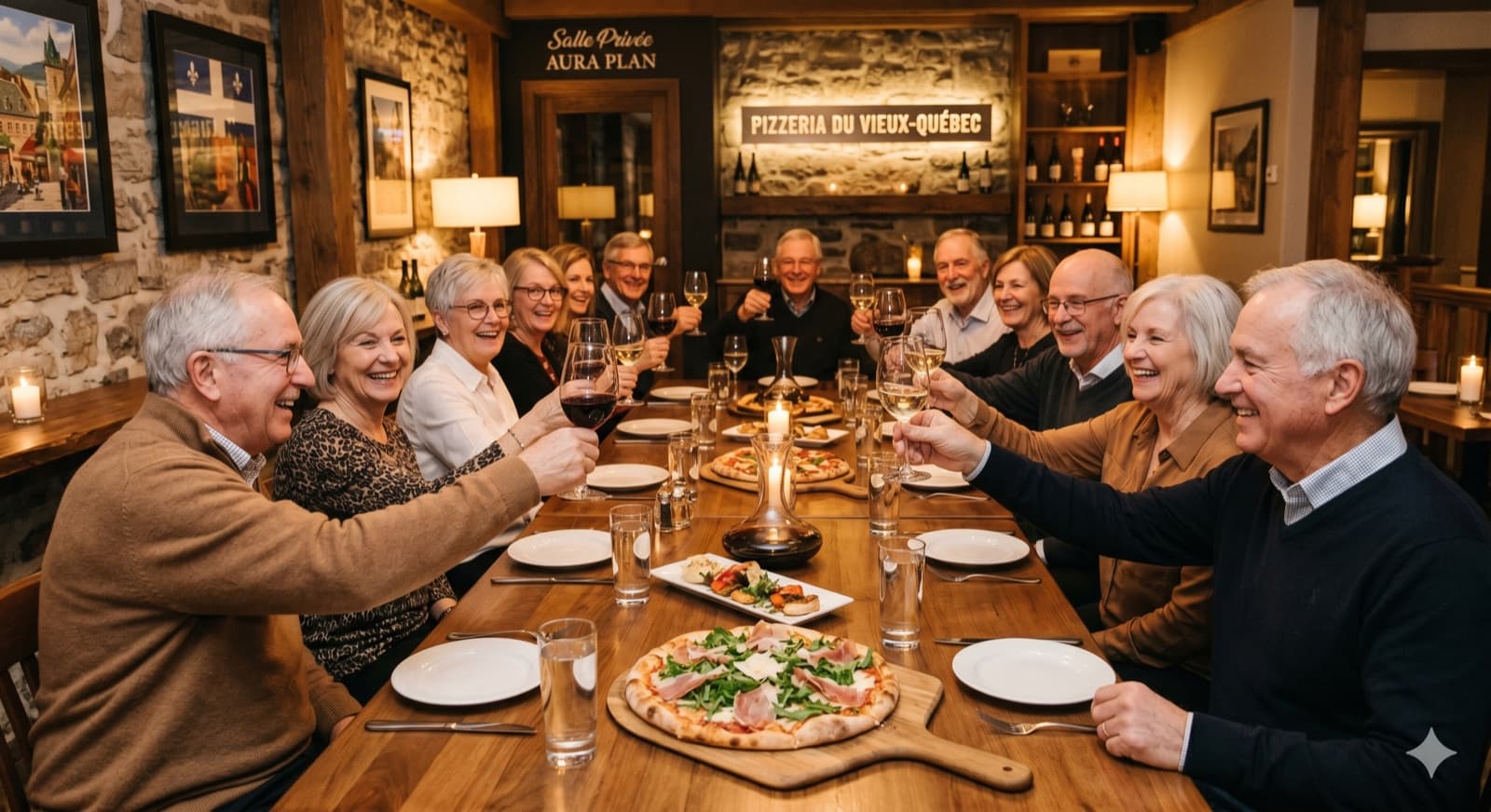 Retired friends raising a toast together at a restaurant, celebrating a retirement built on planning rather than scarcity.