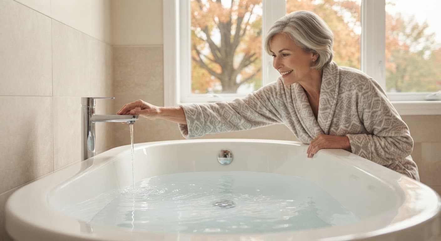 Une retraitée remplit la baignoire de sa maison du Québec, l'eau encore sous le trop-plein et les arbres d'automne à la fenêtre.