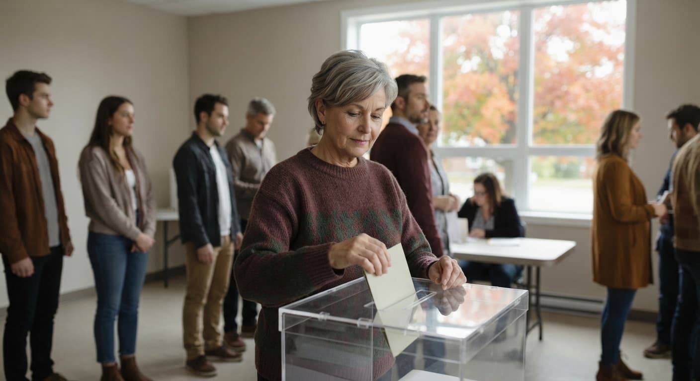 A retired woman casts her ballot in a ballot box at a Quebec polling station in autumn, while other voters of different ages wait their turn. No party colours or logos, no flags, no brands or readable text.