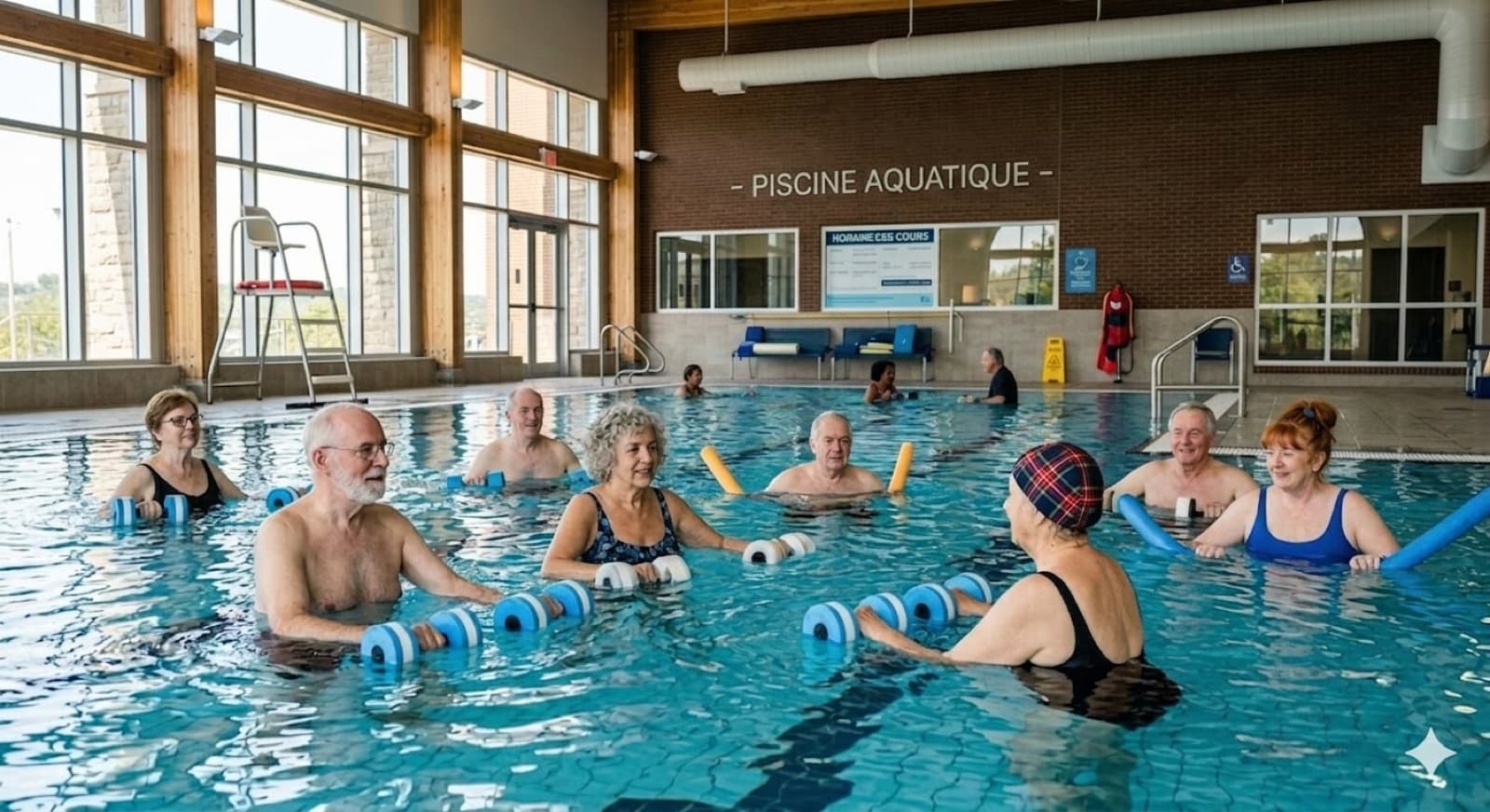 Group of retired adults smiling during an aqua-fit class at a Quebec community pool, holding blue foam noodles and water dumbbells.