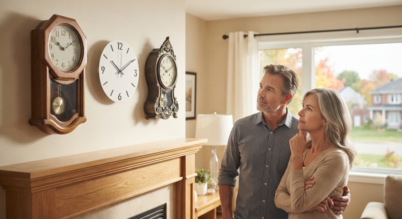 Un couple dans la soixantaine regarde trois horloges murales qui indiquent des heures différentes, dans le salon d'une maison du Québec en automne.