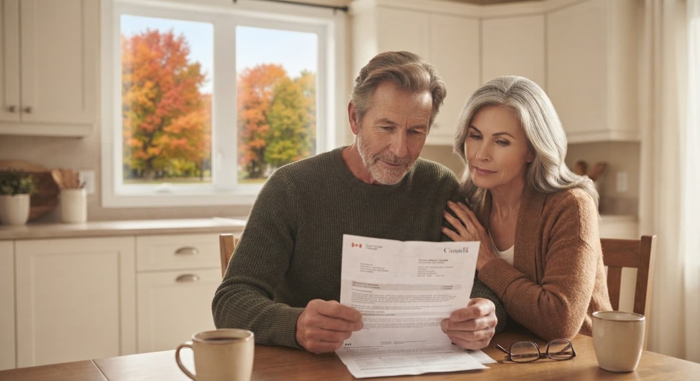 Un couple à la retraite lit une lettre du gouvernement du Canada à la table de la cuisine, dans une maison du Québec en automne.