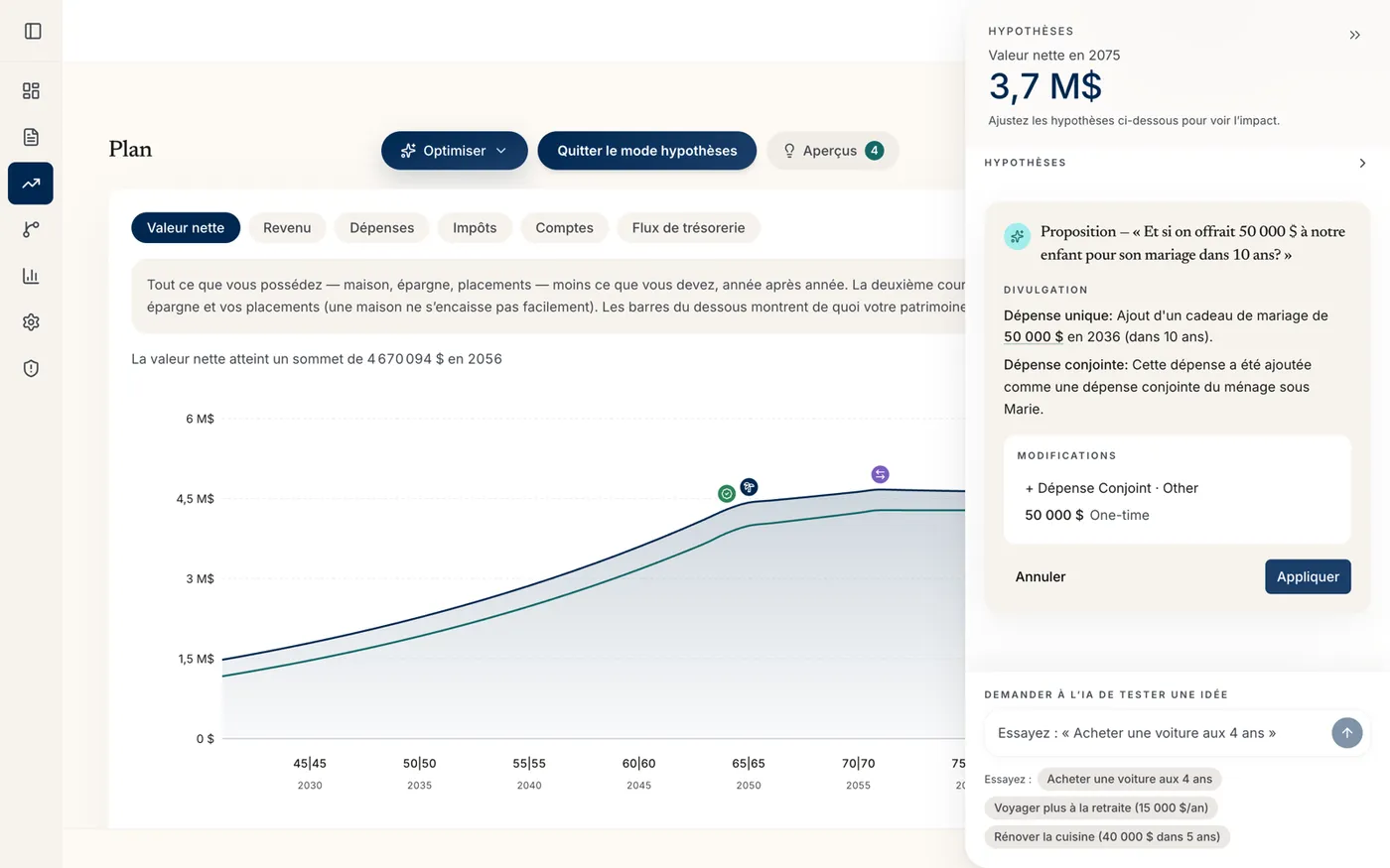 AuraPlan répondant à une question hypothétique en langage simple sur un don de 50 000 $ dans 10 ans